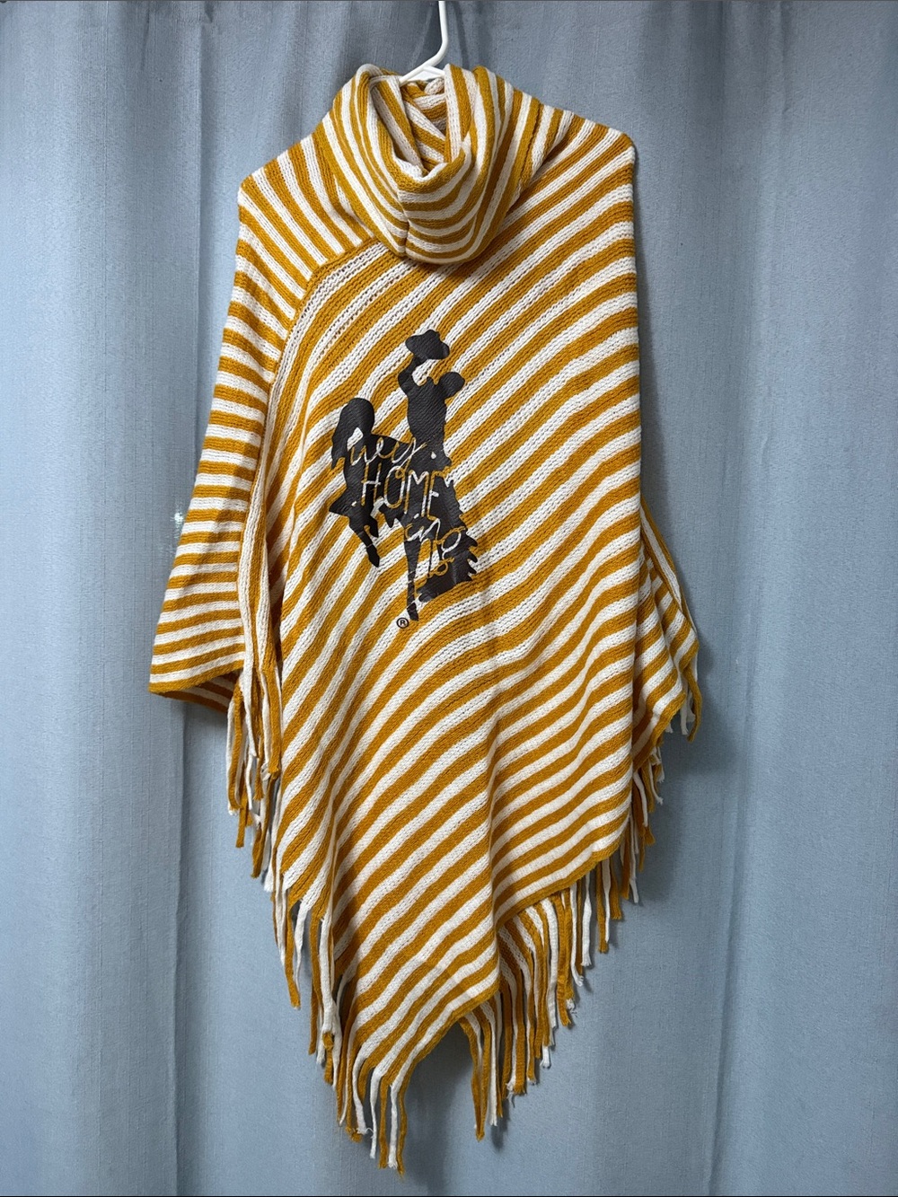 Striped Mustard and White Poncho with Fringe
